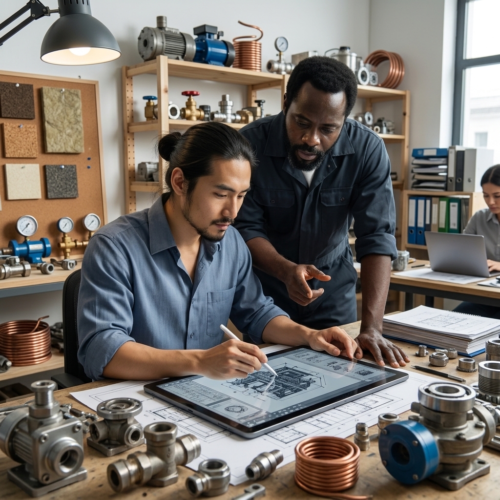 Techniker planen eine Kälteanlage am Tablet